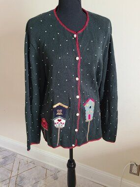 Christopher & Banks XL Birdhouse Cardigan Pearl Beaded Cottagecore Sweater